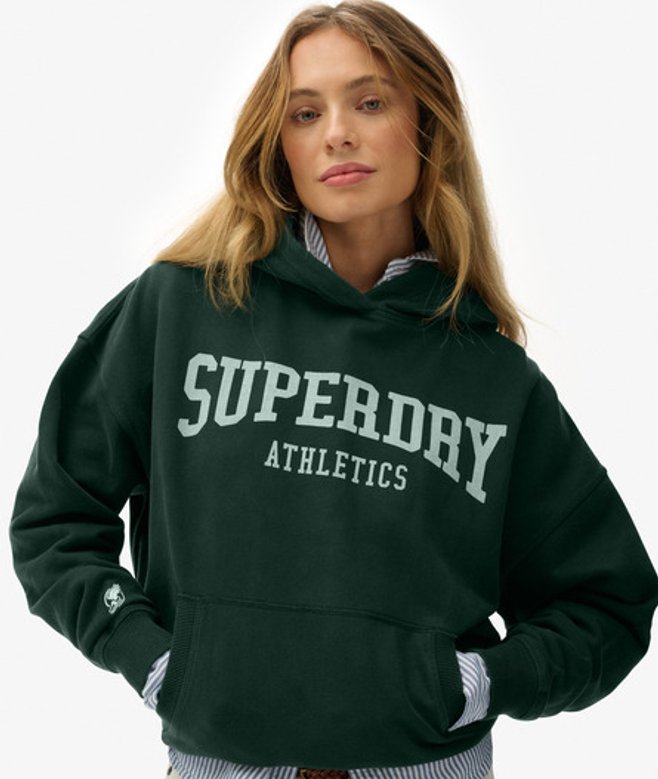 Superdry Damen Baumwolle Grafikdruck Athletic Essentials Hoodie In Lockerer Passform, Dunkelgrün - Größe: 44