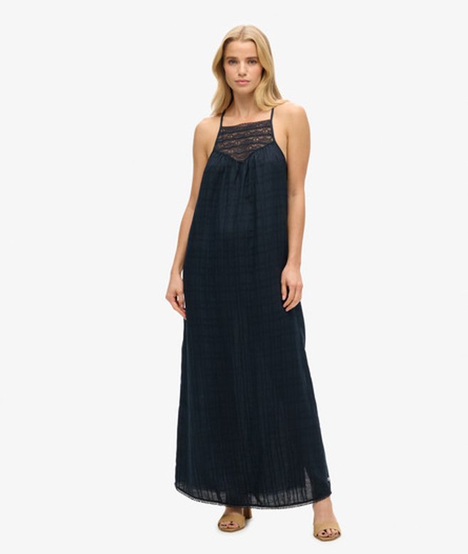 Superdry Damen Maxi-strandkleid mit Spitze und Nackenträger Marineblau - Größe: 44