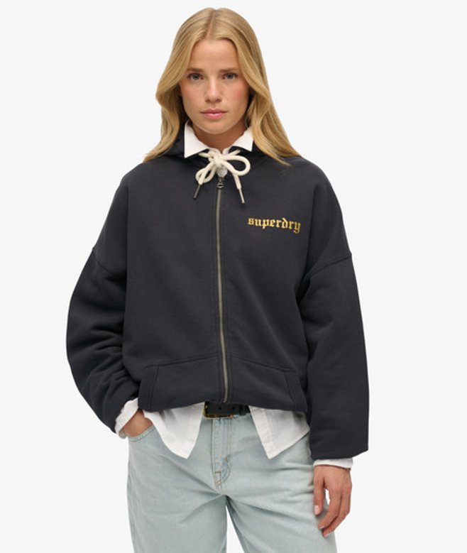 Superdry Damen Baumwolle Oversized Old School Tattoo Kapuzenjacke mit Rundhalsausschnitt, Dunkelgrau - Größe: 44