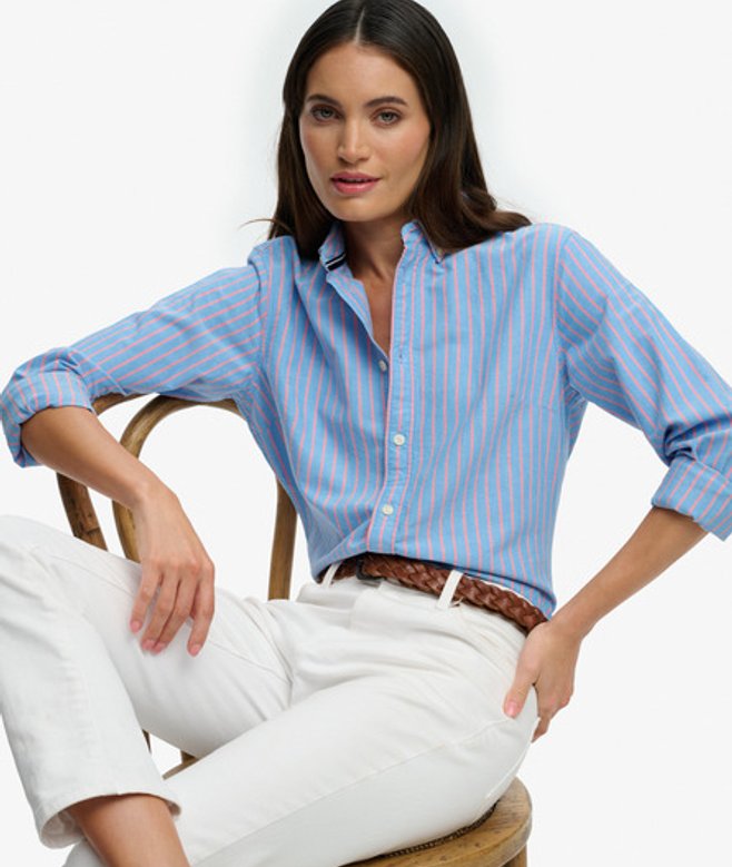 Superdry Damen Oxford Langarmhemd mit Schmaler Passform Blue - Größe: 36