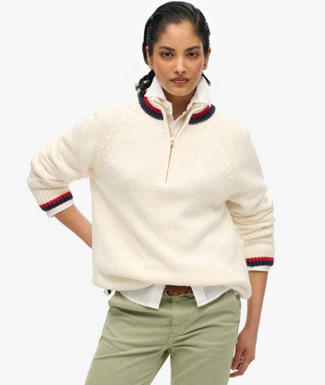 Superdry Women's Pullover mit Halbem Reißverschluss und Streifen Creme - Größe: 44