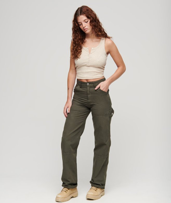 Superdry Damen Carpenter Hose mit Weitem Beinschnitt Kaki - Größe: 28/30