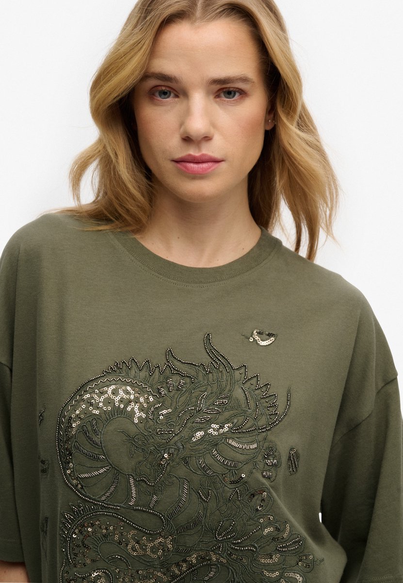 Superdry Damen Tattoo Verziertes OverGrößed T-shirt Green - Größe: 42