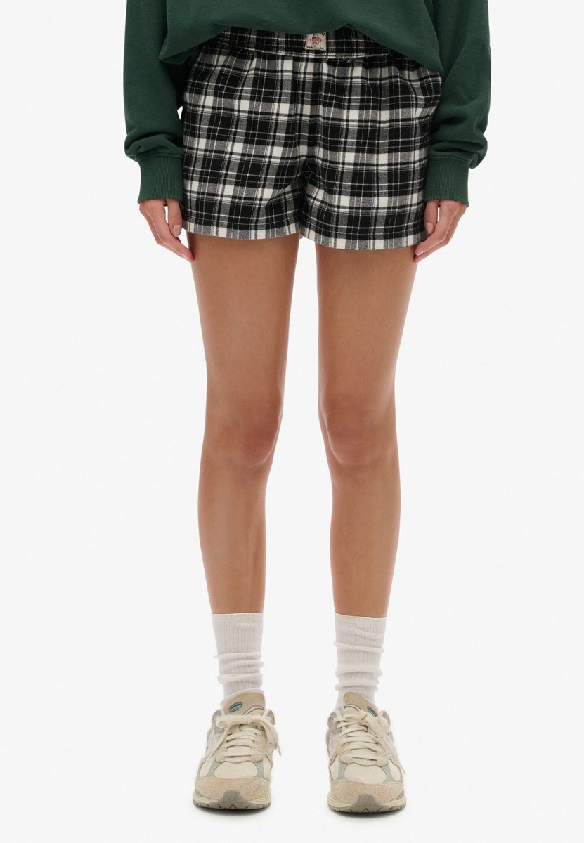 Superdry Damen Karierte Baumwollshorts mit Elastikbund Black - Größe: 44