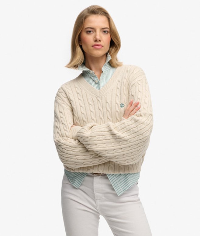 Superdry Damen OverGrößed Zopfmuster-pullover mit V-ausschnitt Cream - Größe: 38