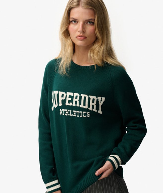 Superdry Damen Slouchy Intarsia Strickpullover mit Grafik Green - Größe: 34