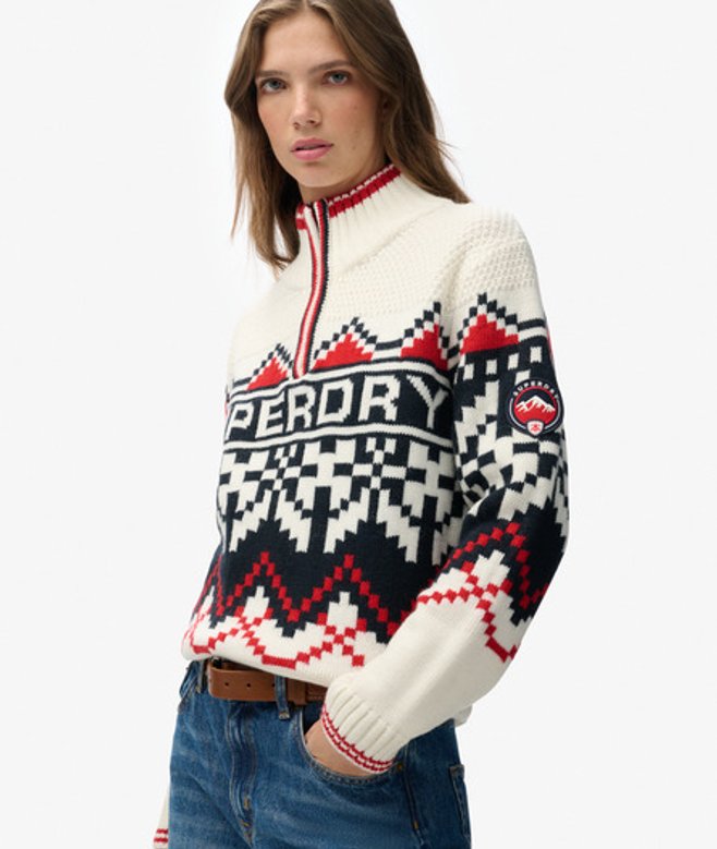 Superdry Damen Intarsia Pullover mit Halbem Reißverschluss Cream - Größe: 44
