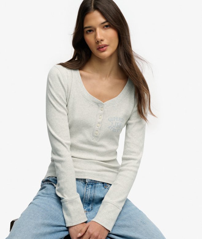 Superdry Damen Athletic Langarmshirt mit Knopfleiste Light Grey - Größe: 44
