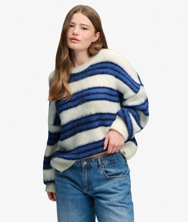 Superdry Damen Lockerer Strickpullover mit Streifenmuster Blue - Größe: 36