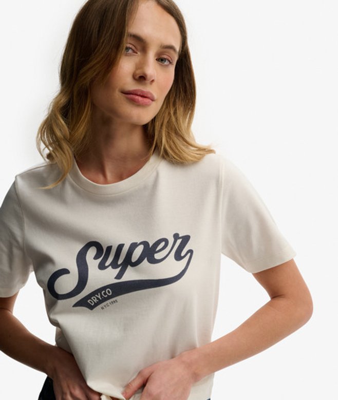 Superdry Damen Varsity Script T-shirt Cream - Größe: 44