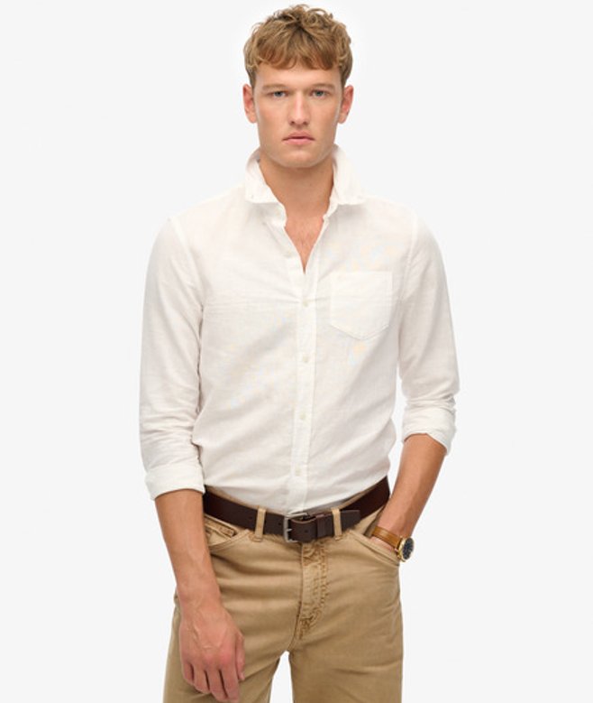 Superdry Herren Baumwoll-leinen-hemd mit Langen Ärmeln White - Größe: M