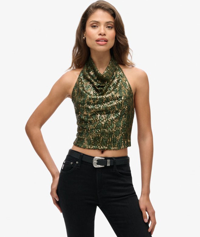 Superdry Damen Pailletten-top mit Wasserfallausschnitt Grün - Größe: 38
