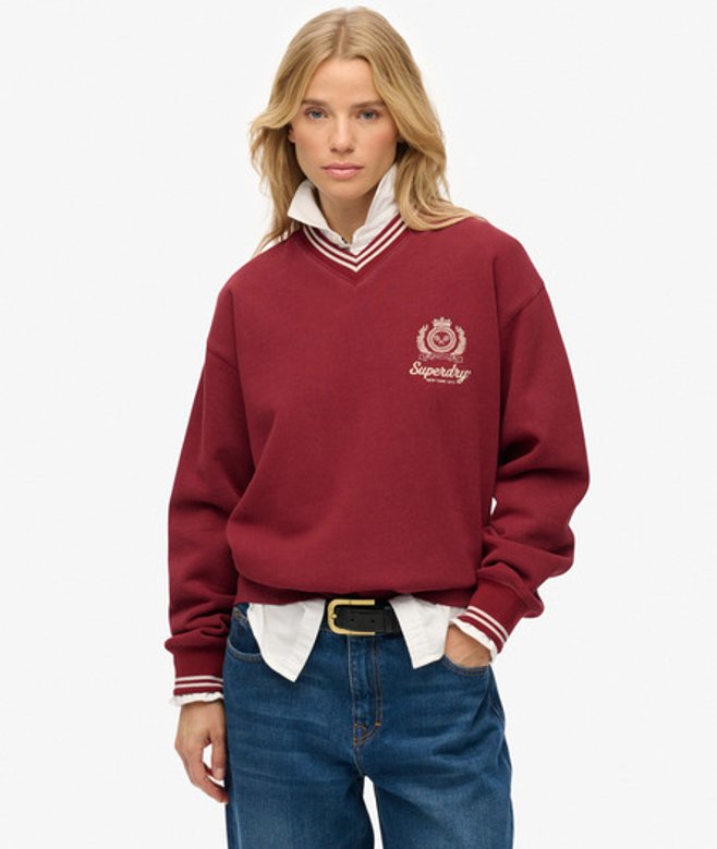 Superdry Damen Baumwolle Gesticktes Logo Country Club V-Ausschnitt-Sweatshirt, Rot & Creme - Größe: 44