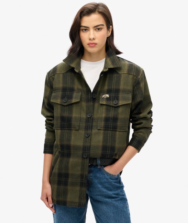 Superdry Damen Borg Check Overshirt Kaki - Größe: 42