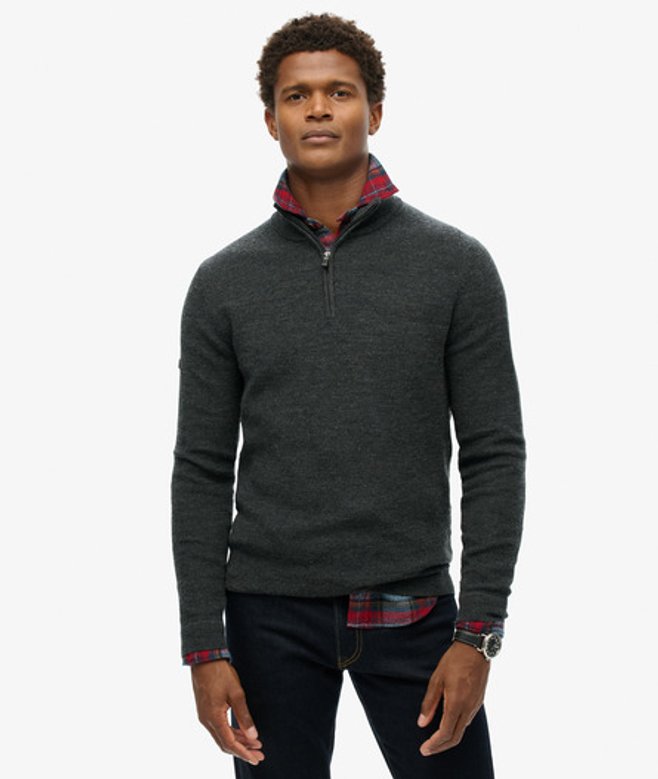 Superdry Herren Merino-pullover mit Halblangem Reißverschluss Dunkelgrau - Größe: S