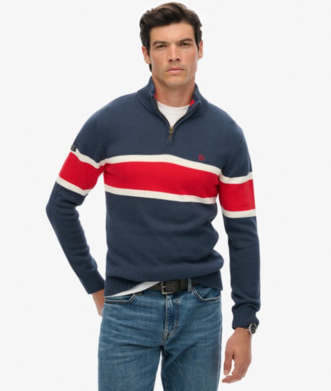 Superdry Herren Gestreifter Baumwoll-pullover mit Reißverschluss Navy - Größe: M