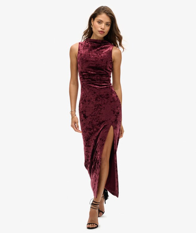 Superdry Damen Maxikleid aus Samt Lila - Größe: 36