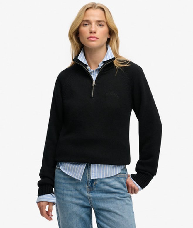 Superdry Damen Essential Strickpullover mit Reißverschluss Black - Größe: 36