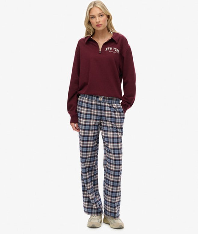 Superdry Damen Karierte Baumwollhose mit Elastikbund Blue - Größe: 44