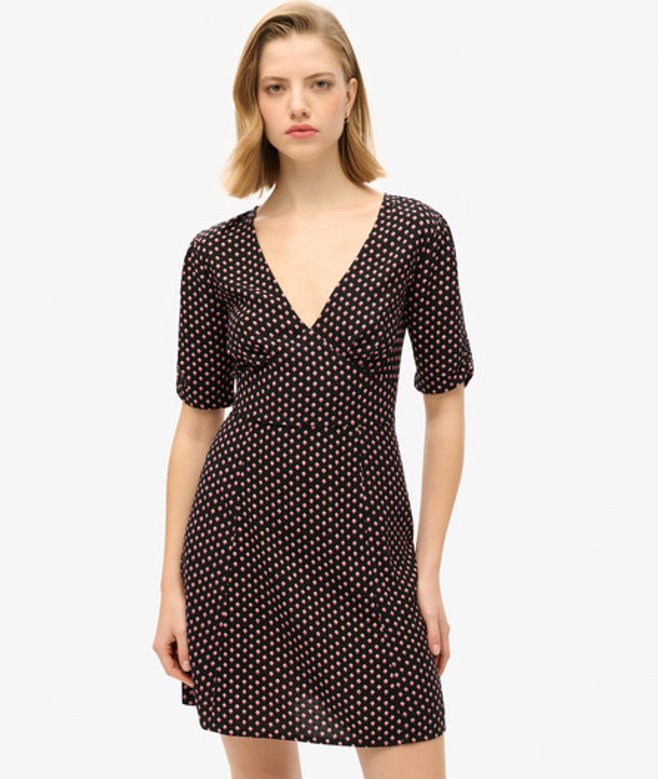 Superdry Damen Kurzärmeliges Mini-t-shirt-kleid mit Print Schwarz/rosa - Größe: 42