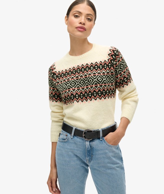 Superdry Women's Rundhalspullover mit Norwegermuster Creme - Größe: 44