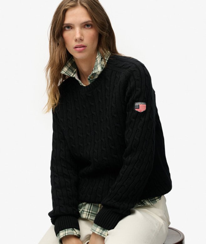 Superdry Damen Lässiger Zopfmuster-pullover Black - Größe: 42
