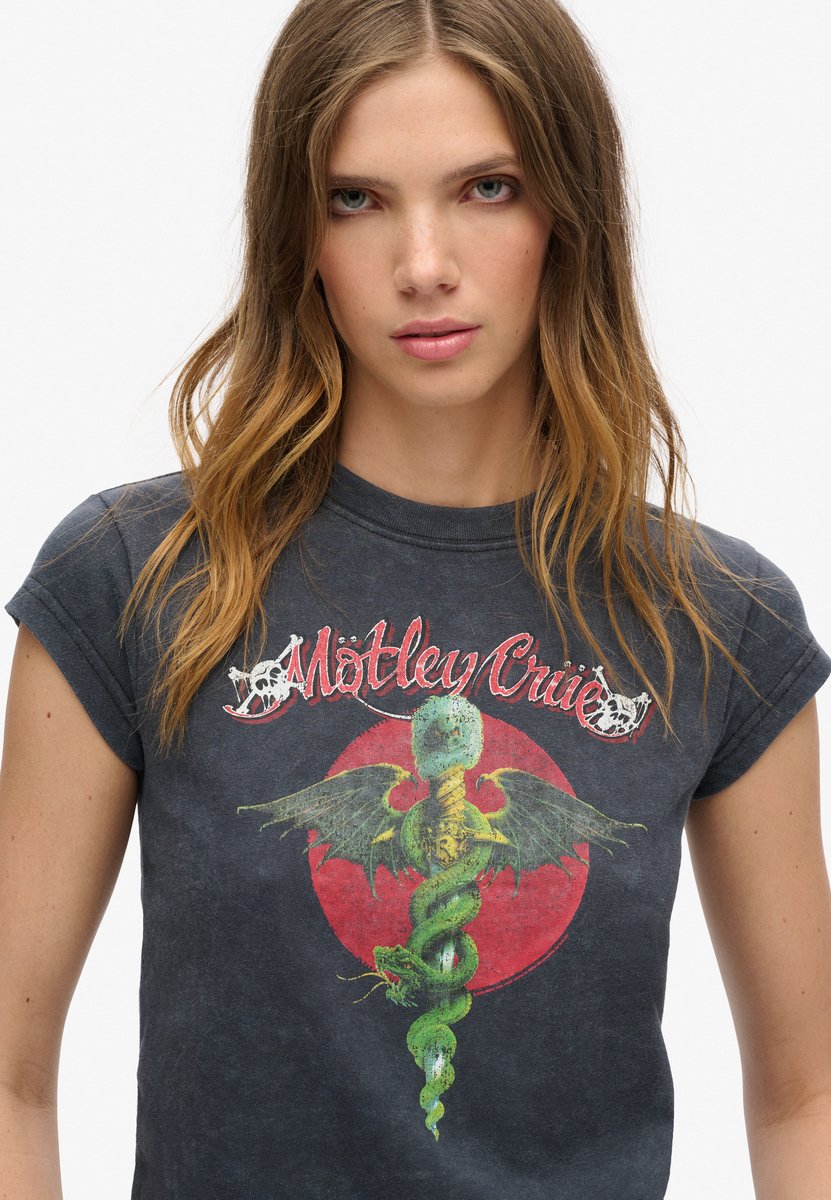 Superdry Damen Mötley Crüe T-shirt mit Flügelärmeln Dunkelgrau - Größe: 36
