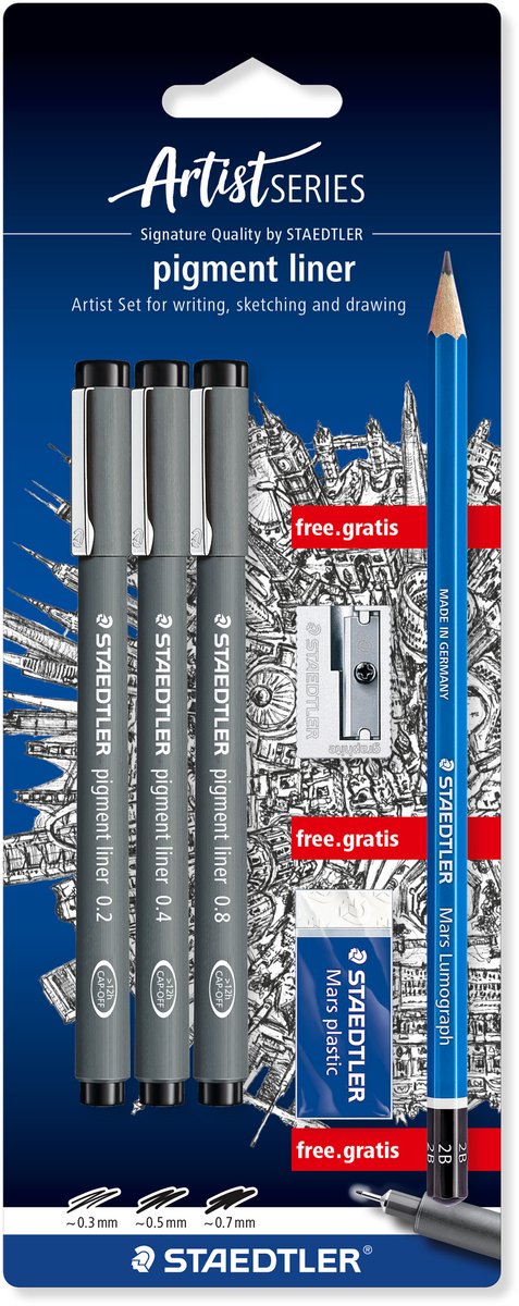 10 x Staedtler Feinschreiber pigment liner schwarz je 1x 0,3mm, 0,5mm,