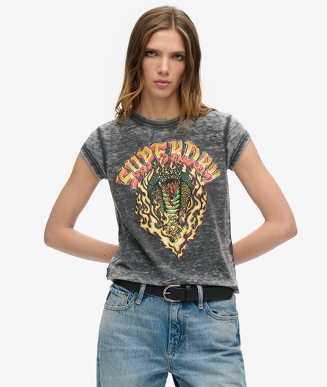 Superdry Damen Schwarz und Gelb Biker Rock T-Shirt mit Grafik, Größe: 38