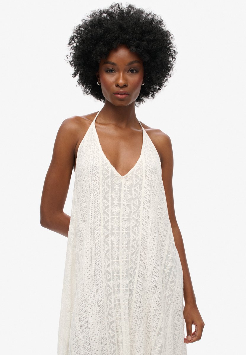 Superdry Damen Spitzenkleid in Midilänge Weiß - Größe: 36