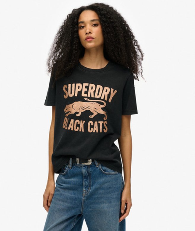 Superdry Women's Verziertes Varsity T-shirt in Lockerer Passform Schwarz - Größe: 38