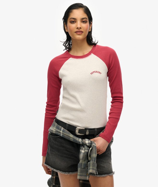 Superdry Damen Langärmeliges, Geripptes Essential Baseball-oberteil mit Logo Weiß - Größe: 38