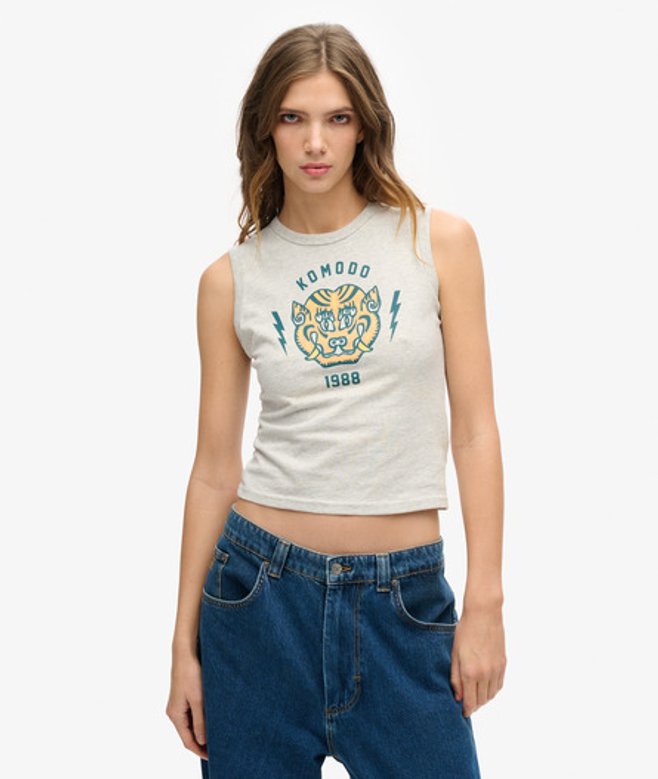 Superdry Damen Schmales Superdry x Komodo Tiger Tanktop Hellgrau - Größe: 40