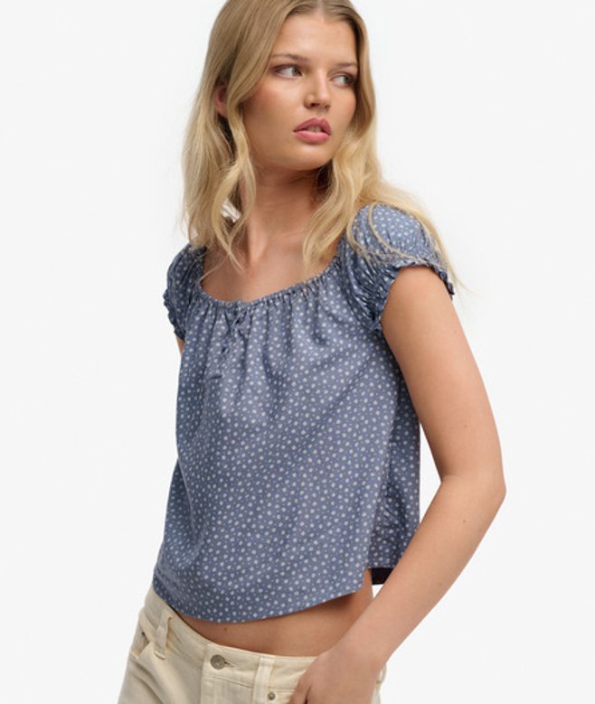 Superdry Damen Kurzärmeliges Gewebtes Top mit Halbknopfleiste Blue - Größe: 36