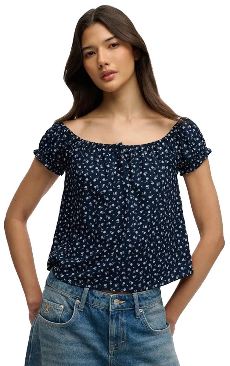 Superdry Damen Kurzärmeliges Gewebtes Top mit Halbknopfleiste Navy - Größe: 42