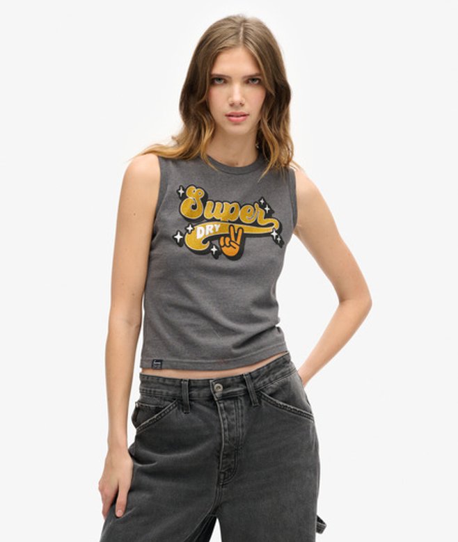 Superdry Damen Schmal Geschnittenes Retro-Tanktop Mit Verzierung, Grau, Größe: 36