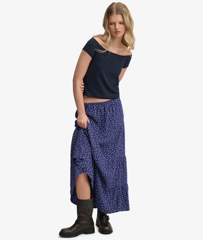 Superdry Damen Gewebter Maxirock mit Stufendesign Navy - Größe: 36