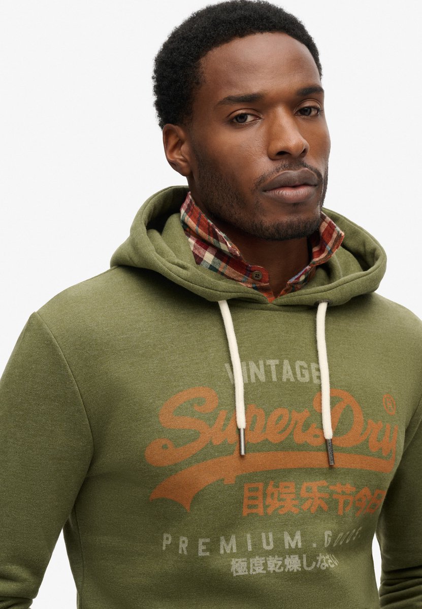Superdry Herren Premium Goods Hoodie mit Vintage Logo und Grafikprint Kaki - Größe: M