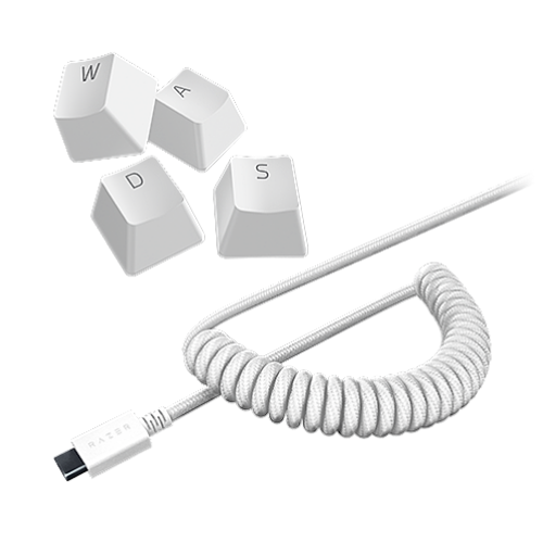 Razer PBT Keycap + Coiled Cable Upgrade Set - Colored Doubleshot PBT Keycaps with Matching Cable - Durable Doubleshot PBT - Braided Fiber Cable - USB-C to USB-A - Mercury White