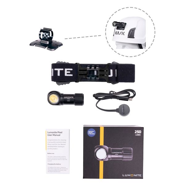 Headlamp LUMONITE Pixel V2 - 250 lm / Rechargeable, Standard kit + Work helmet bracket (glueable)