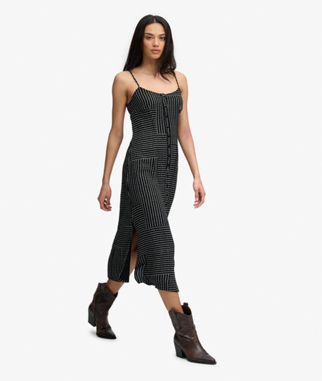 Superdry Damen Bedrucktes Midi-kleid mit Knopfleiste Black - Größe: 36