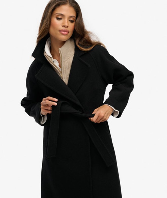 Superdry Damen Langer Wollmischungsmantel mit Lockerer Passform Black - Größe: 40