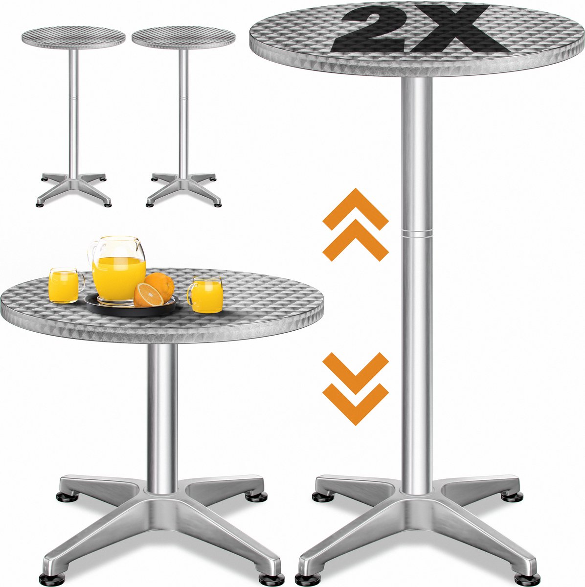Zestaw 2 stolików barowych ze srebrnego aluminium Ø60 cm z regulacją wysokości