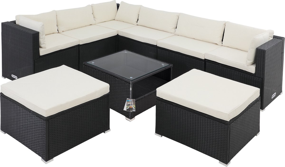 Narożnik Polyrattan Lounge XXL czarny/kremowy z poduszkami