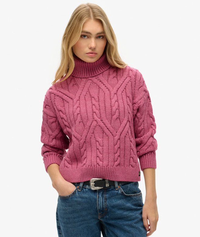 Superdry Damen Polo-strickpullover mit Zopfmuster Pink - Größe: 36