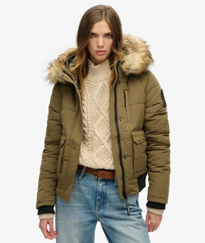 Superdry Damen Everest Bomberjacke mit Kapuze Grün - Größe: 34