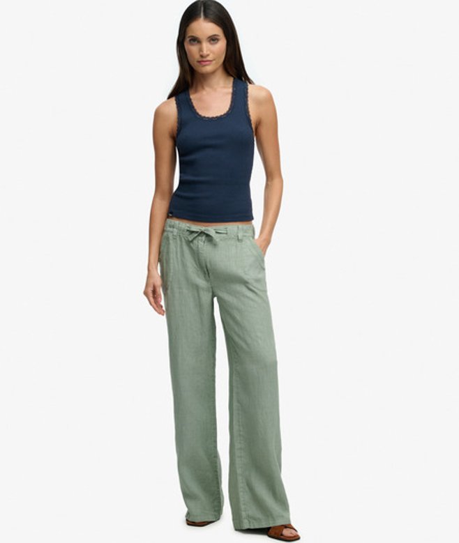 Superdry Damen Leinenhose mit Tiefem Bund Green - Größe: 34