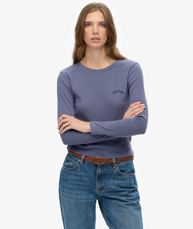 Superdry Damen Athletic Essentials Logo Kleidungsstück Gefärbt Geripptes Oberteil Navy - Größe: 42
