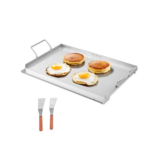 VEVOR Parrilla de Acero Inoxidable de Alta Calidad Universal Rectangular 585 x 365 mm con Superficie Plana, Plancha de Gas para Barbacoa, Utensilios de Cocina Familiares Portátiles con Asa, Plata