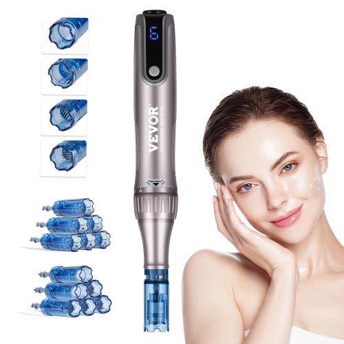 VEVOR M8S Pluma de Microagujas Faciales 12 Cartuchos de Agujas Desechables Dermapen Eléctrico 6 Velocidades Variables Máquina de Microagujas Longitud de Aguja Ajustable 0-2,5 mm Pantalla LCD